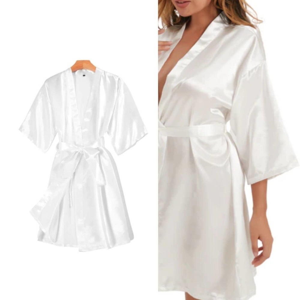 White Satin Robe Bridesmaids Bride Robes Bachelorette Wedding Bridal Party B9